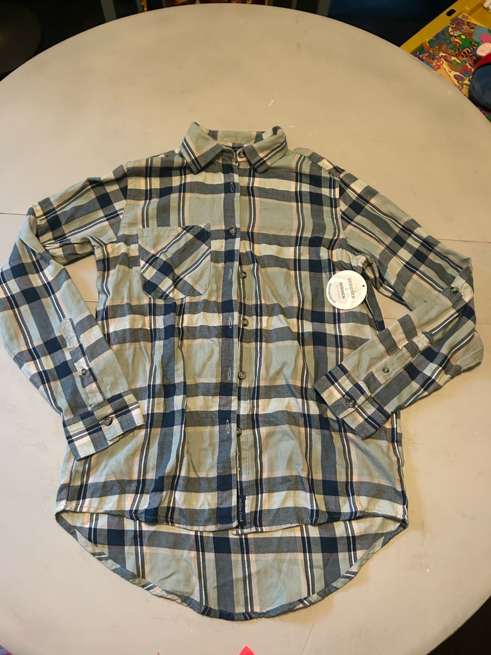 Womens Casual Plaid Button-Down Shirt in Sage Green and Navy